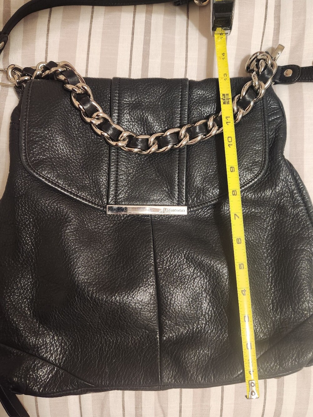 B Makowsky                          Black Leather Shoulder Bag with Chain Strap - Picture 5 of 6